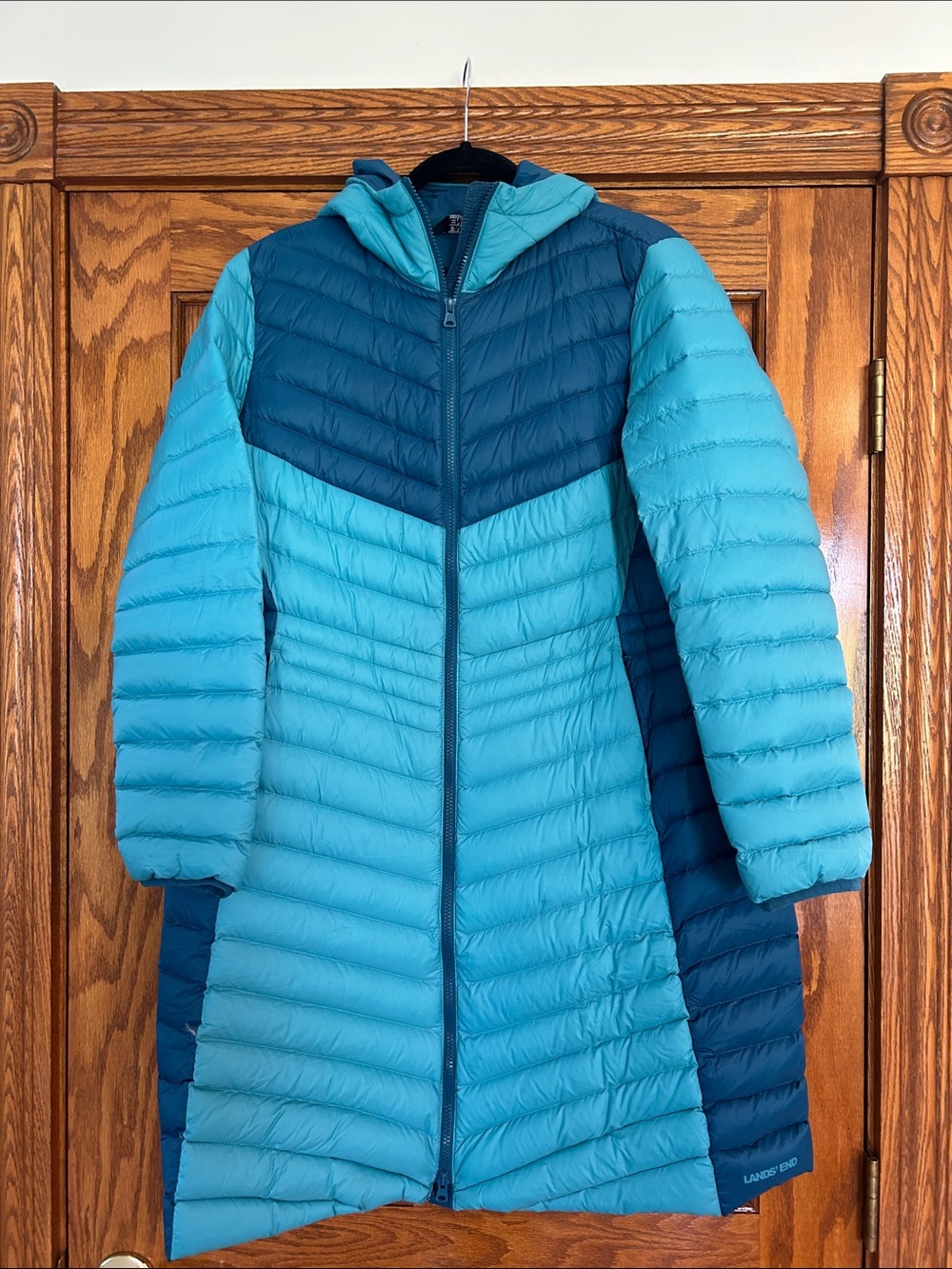 Lands' End Women's Two-Tone Teal Long Packable Puffer Coat Size L